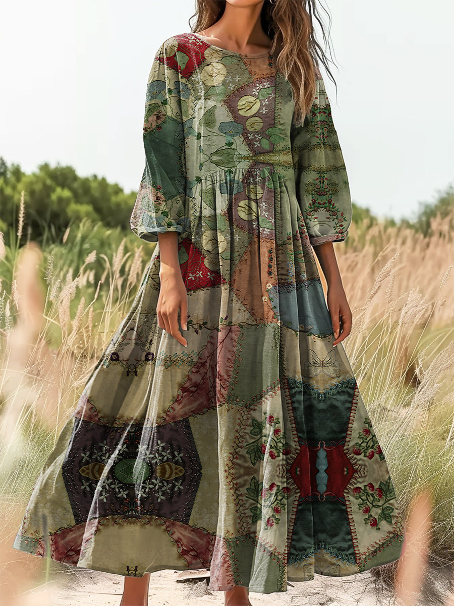 Women's Vintage Patchwork Art Print Flowy Cotton Crew Neck Dress