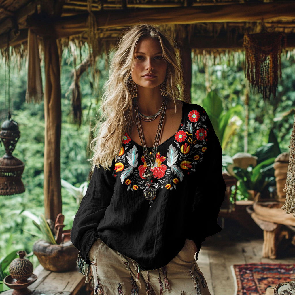 Vintage Bohemian Floral Embroidered Linen Shirt artswardrobe