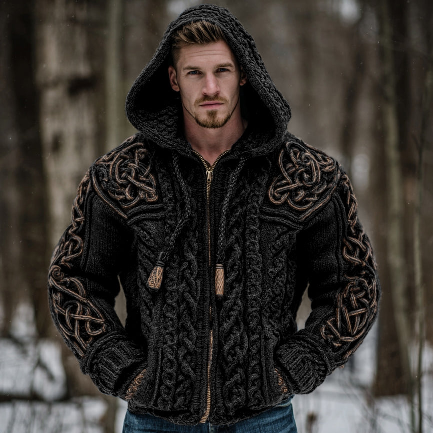 Men's Vintage Viking Celtic Knot Art Chunky Knit Hooded Zip-up Sweater elevenforest