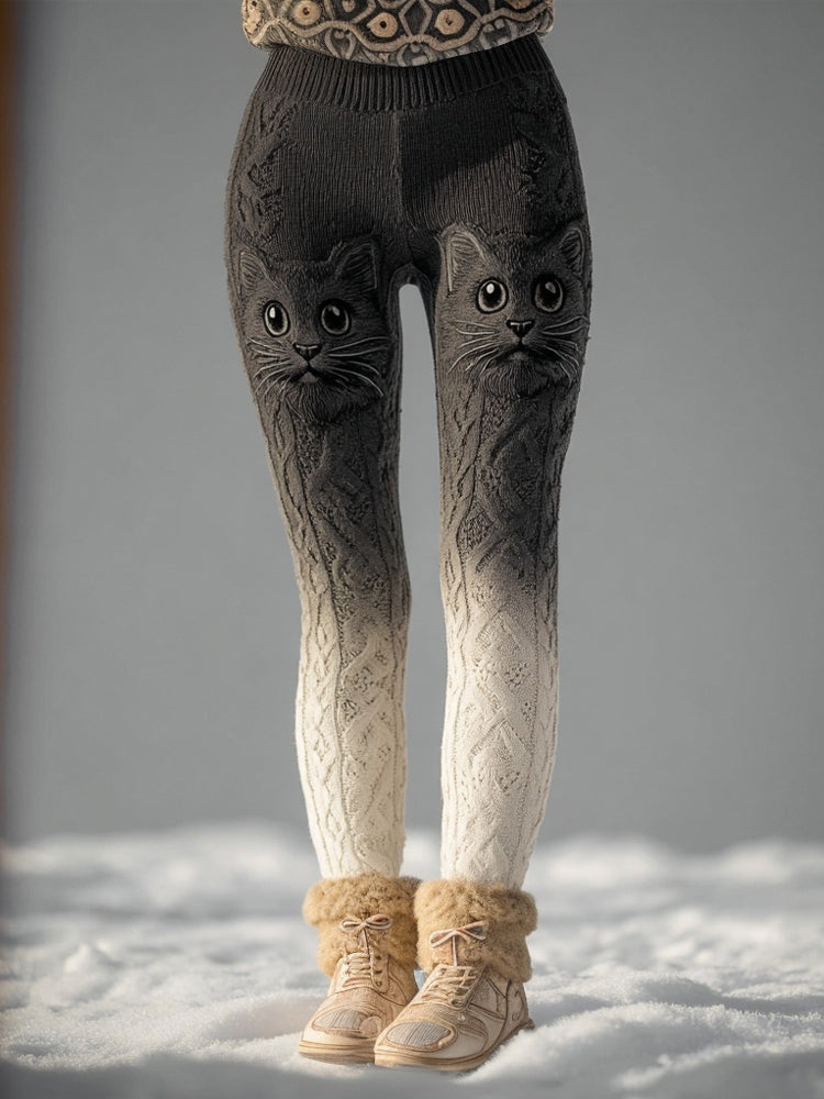 Comstylish Lovely Cats Embroidered Gradient Cozy Knit Leggings