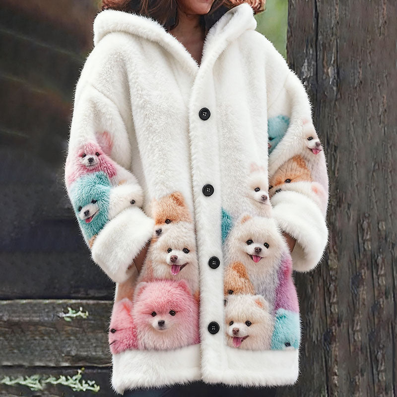 Cute Colorful Dog Pattern Comfortable Plush Button Hoodie artswardrobe