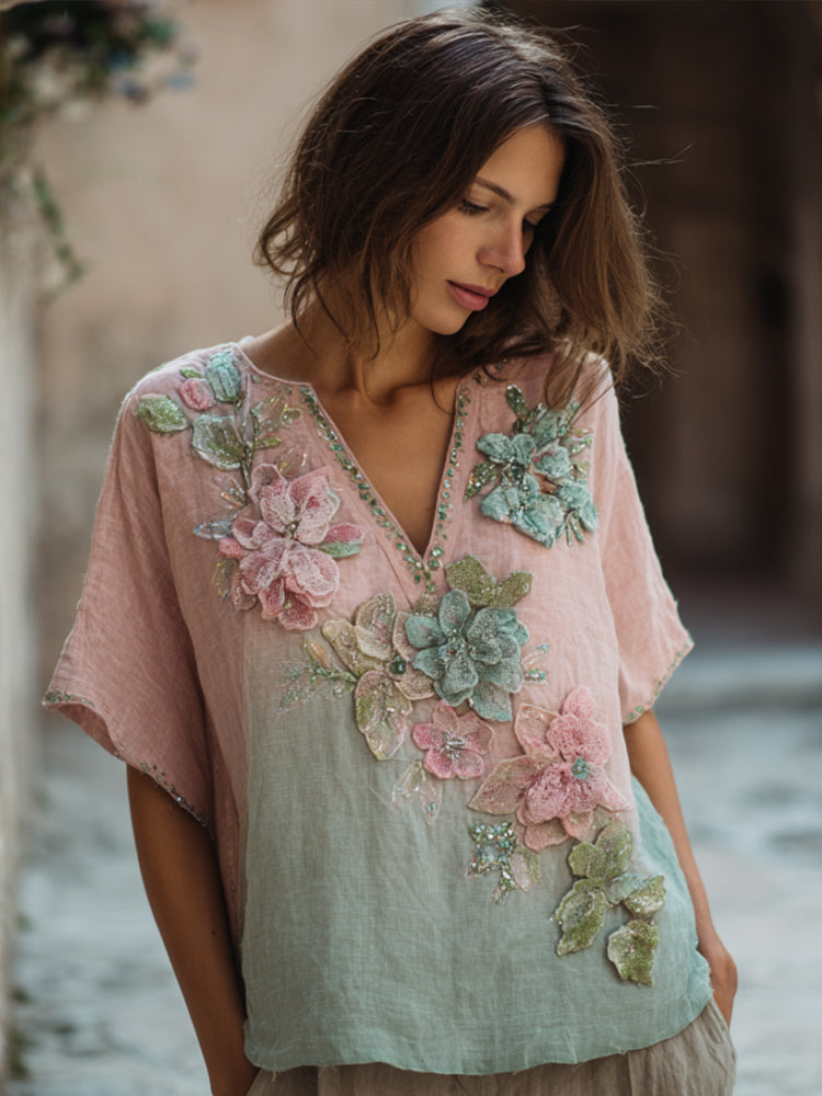 Comstylish Bohemian Style Three-dimensional Flower Embroidery Vintage Mint Green V-neck Short-sleeved Shirt