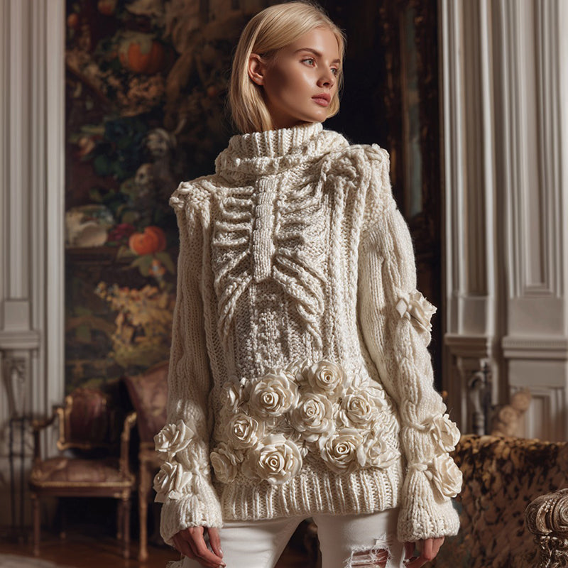 Halloween Classic Rose Skeleton Jacquard Turtleneck Sweater artswardrobe