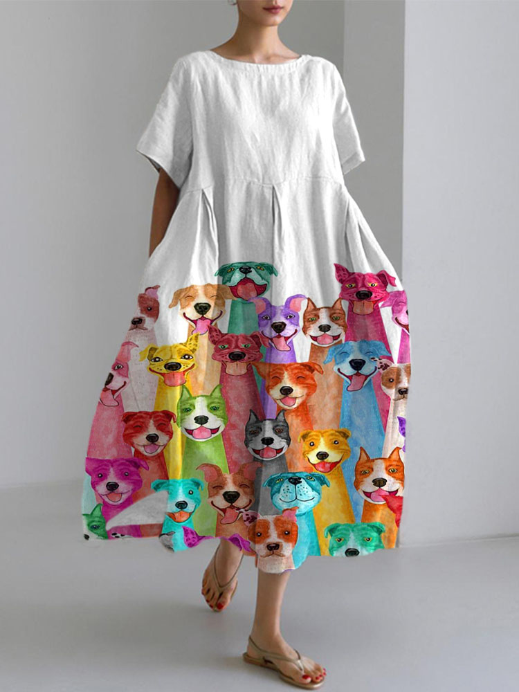 Comstylish Funny Dogs Print Linen Blend Casual Dress