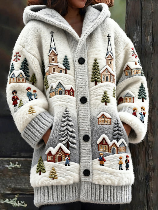 Christmas Snow Scene & House Women's Hooded Knit Cardigan