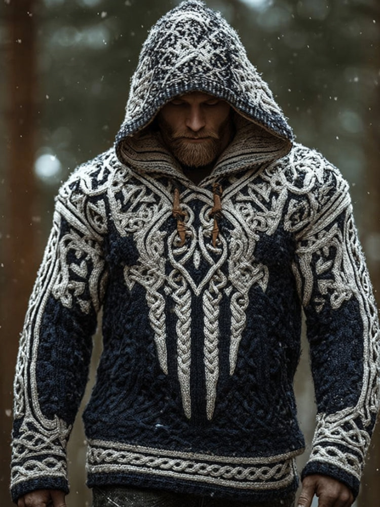 Men's Viking Style Contrasting Thick Needle Hooded Sweater artswardrobe