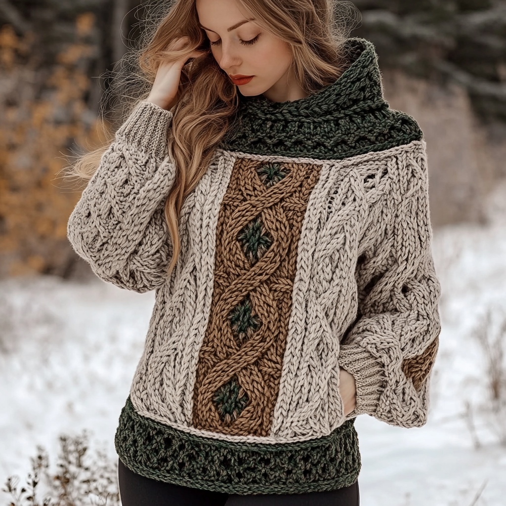 Vintage Women's Celtic Knot Retro Cozy Chunky Knit Hooded Sweater elevenforest