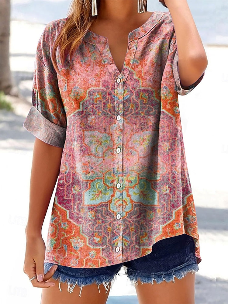 Women's Ethnic Totem Art Print Casual Cotton And Linen Short Sleeve Sh