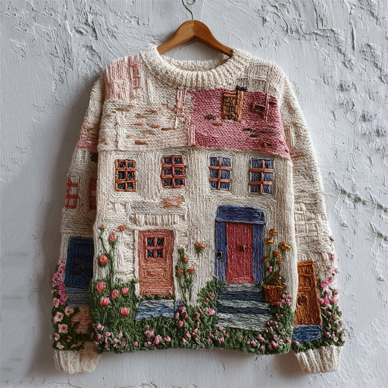 Cottagecore Floral House Inspired Embroidered Cozy Knit Sweater artswardrobe