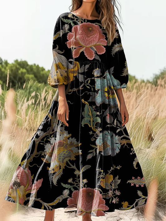 Women's Vintage Ethnic Floral Art Print Flowy Cotton Crew Neck Dress