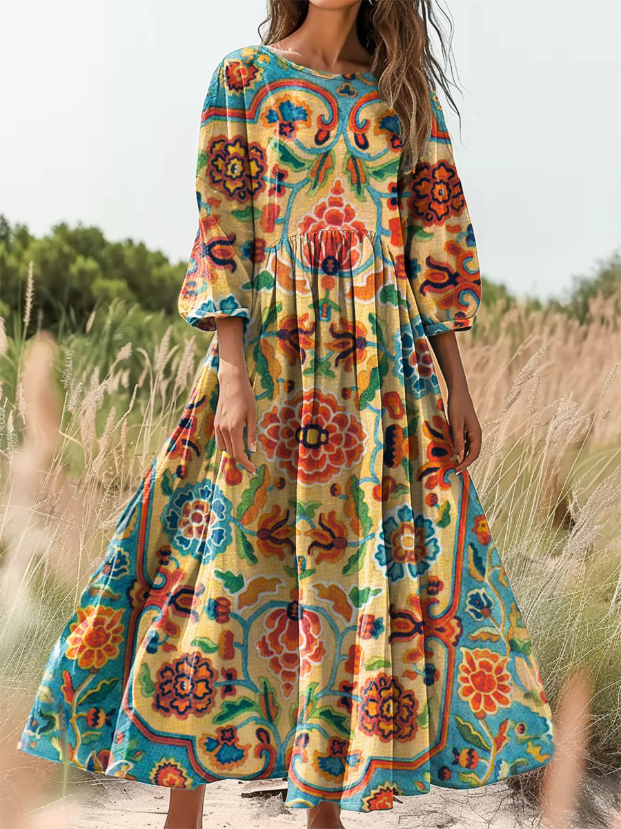 Women's Folk Art Floral Print Flowy Crew Neck Cotton Pocket Dress