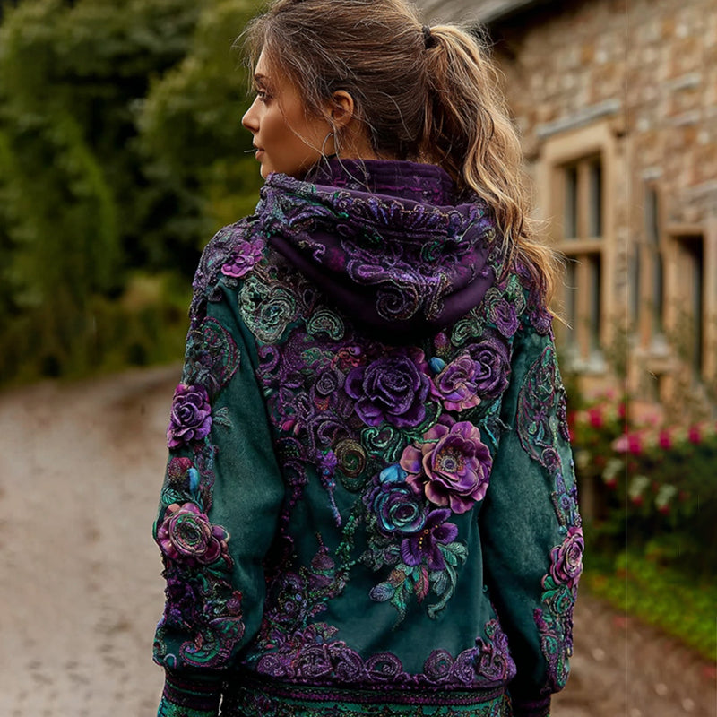 Comstylish Vintage Floral Embroidery Gradient Art Cozy Hooded
