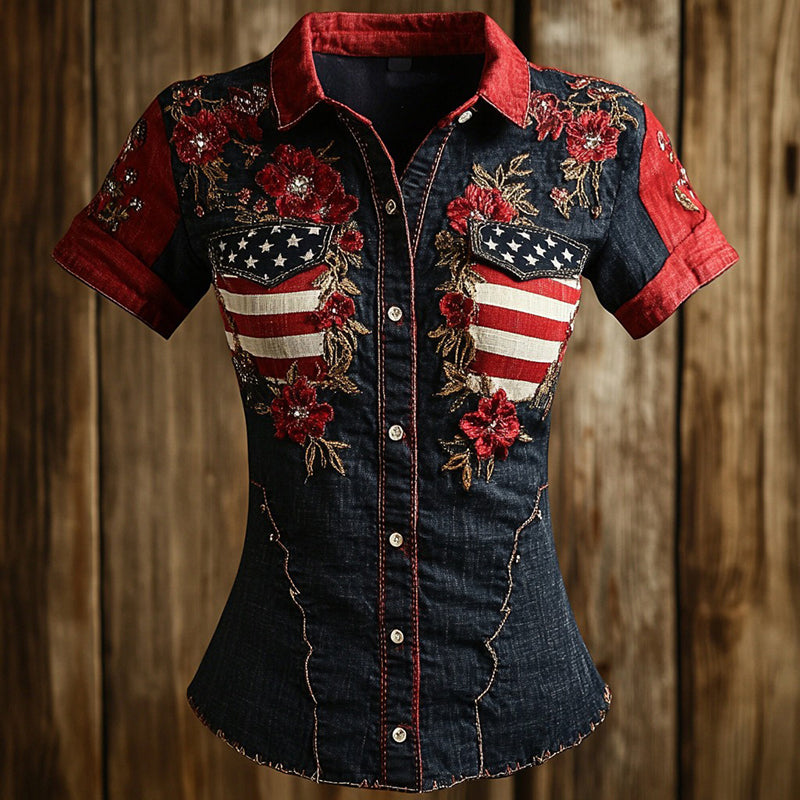 Comstylish Vintage Western Rose Independence Day Denim Shirt