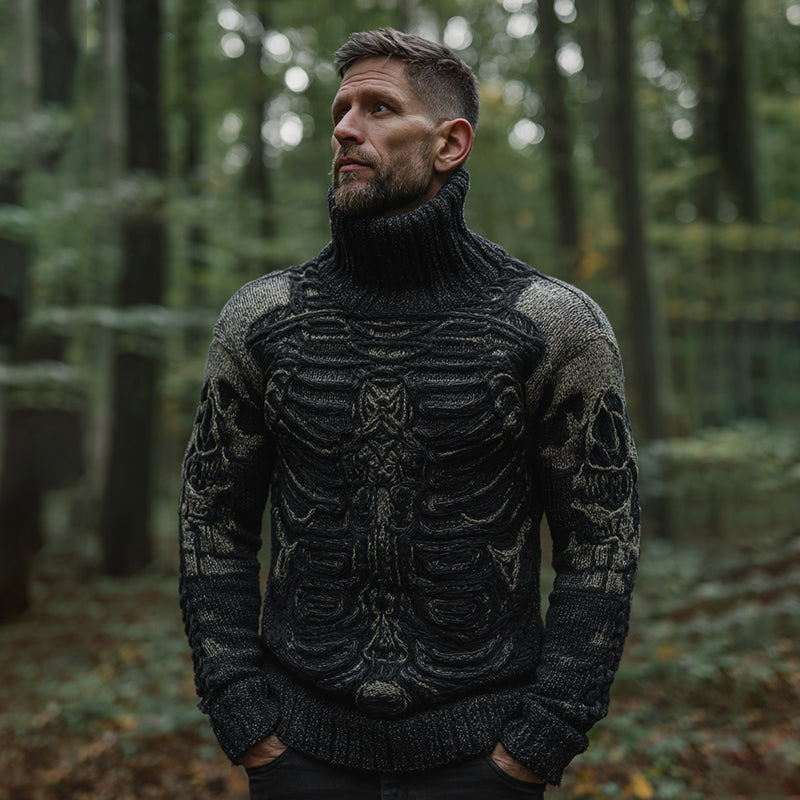 Men's Vintage Skull Art Knit Turtleneck Sweater artswardrobe