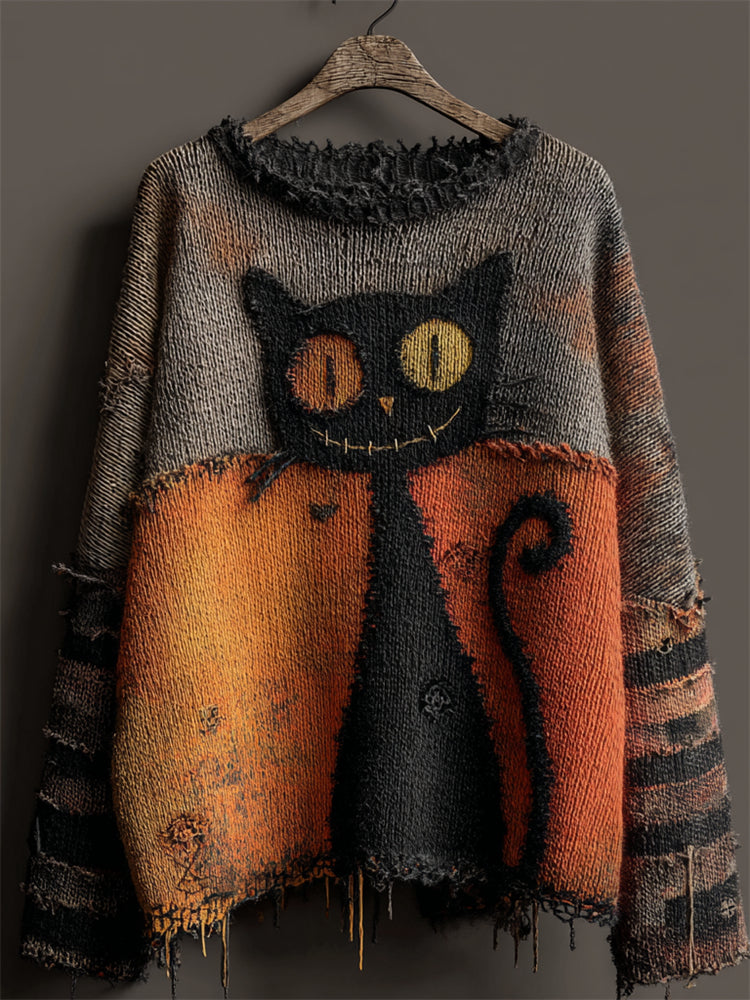 Comstylish Halloween Black Contrast Stitched Cozy Knit Sweater