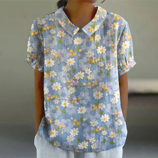 Comstylish Women's Retro Flower Art Print Casual Cotton Linen Shirt
