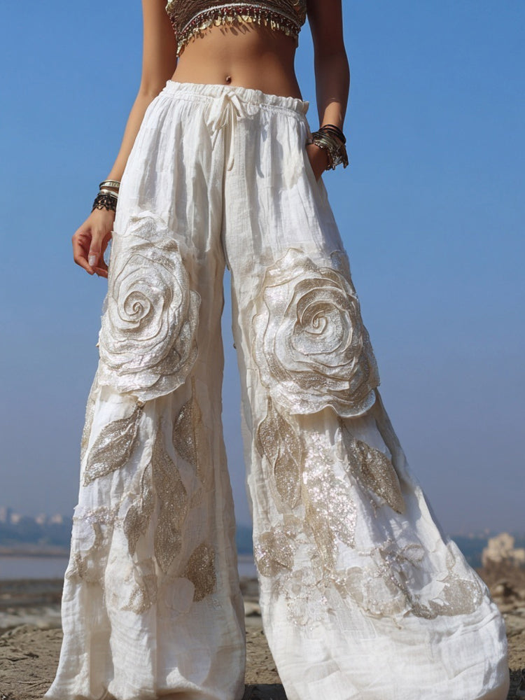 Elegant White Rose Embroidered Cozy Linen Pants artswardrobe