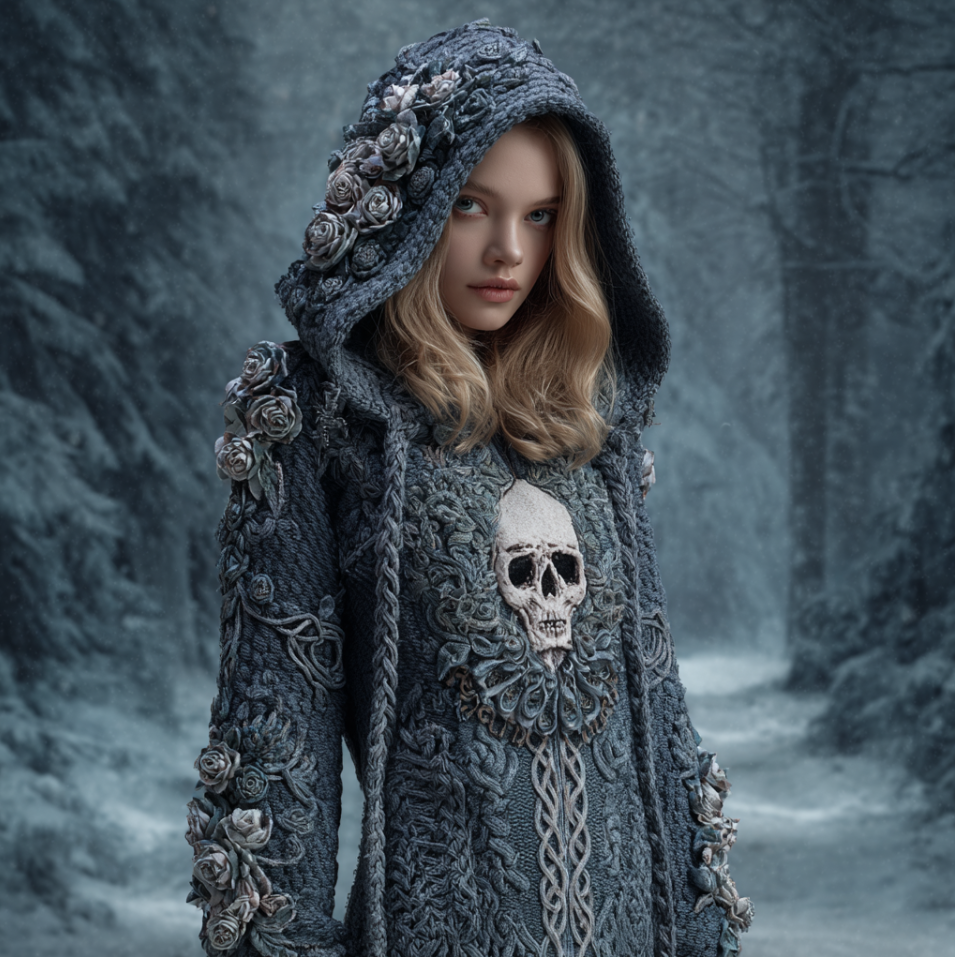 Halloween Skeleton Element Viking Style Women's Hooded Pullover Knit Sweater elevenforest