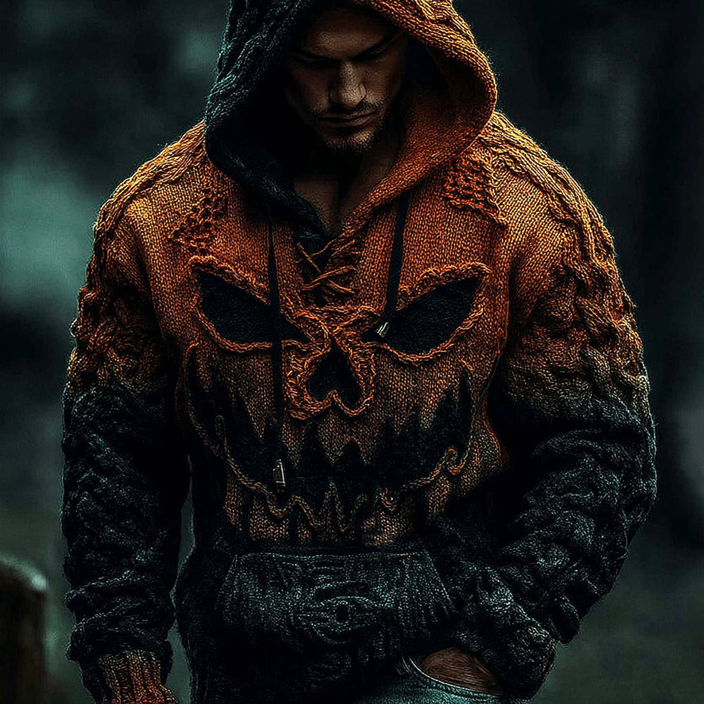 Men's Halloween Pumpkin Face Gradient Jacquard Knit Hooded Sweater artswardrobe