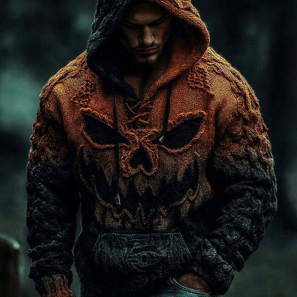 Men's Halloween Pumpkin Face Gradient Jacquard Knit Hooded Sweater elevenforest