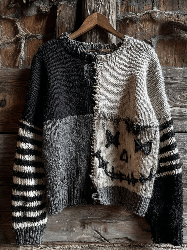 Halloween Stitched Face Contrast Patchwork Cozy Knit Sweater elevenforest