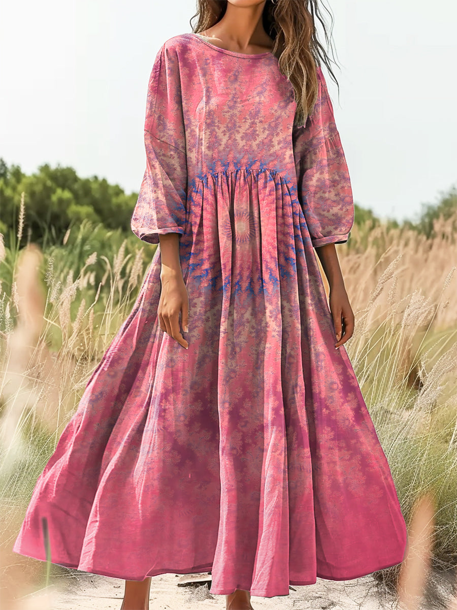 Women's Kaleidoscope Tie Dye Art Print Flowy Cotton Crew Neck Dress