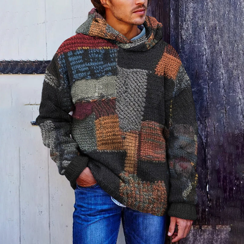 Vintage Patchwork Men's Cozy Hooded Sweater elevenforest