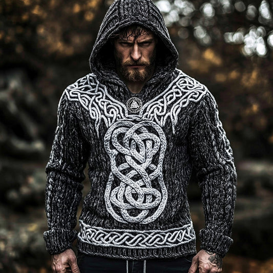 Men's Vintage Viking Runes Celtic Cozy Chunky Hooded Sweater artswardrobe