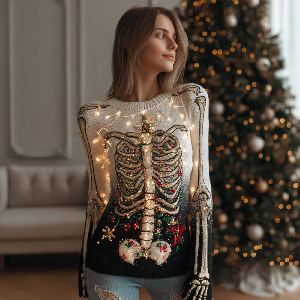Comstylish Women's Christmas Decoration Skull Art Warm Round Neck Sweater
