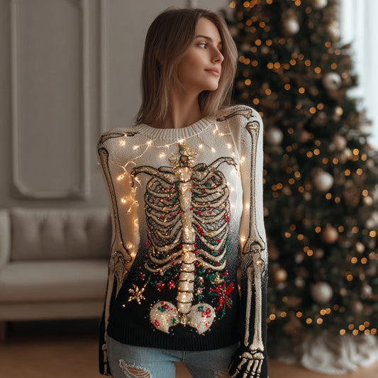 Comstylish Women's Christmas Decoration Skull Art Warm Round Neck Sweater