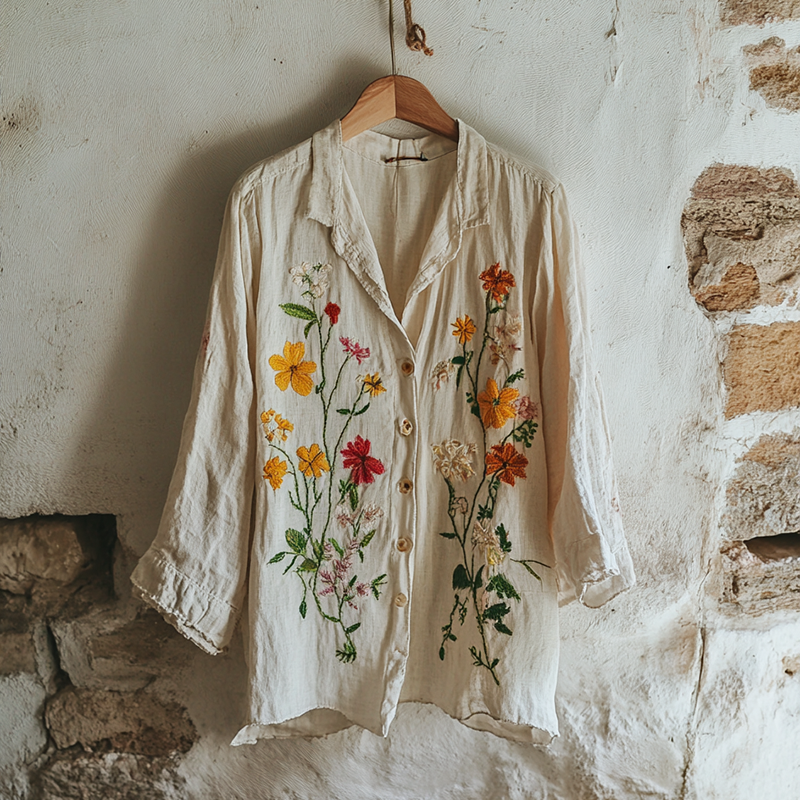 Retro Bohemian Holiday Style Linen Floral Print  Long Sleeve Shirt artswardrobe