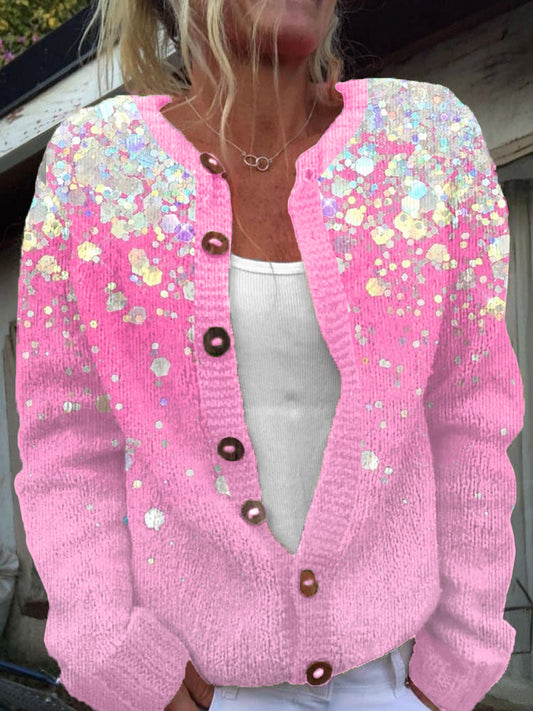 Shiny Sequined Cozy Pink Knit Cardigan elevenforest