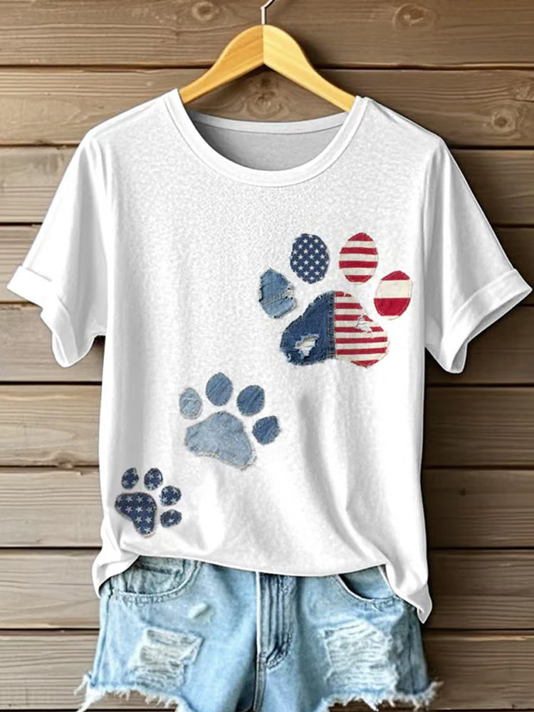 Comstylish Women's Casual Faux Denim Flag Paw Print Crew Neck T-shirt