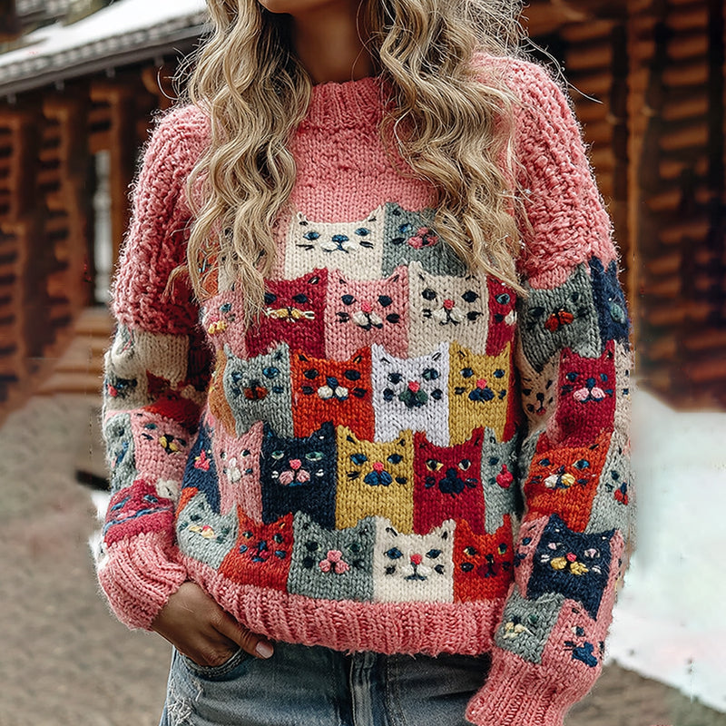 Colorful Winter Cats Pattern Art Cozy Knit Sweater artswardrobe