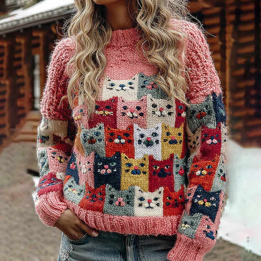 Colorful Winter Cats Pattern Art Cozy Knit Sweater artswardrobe
