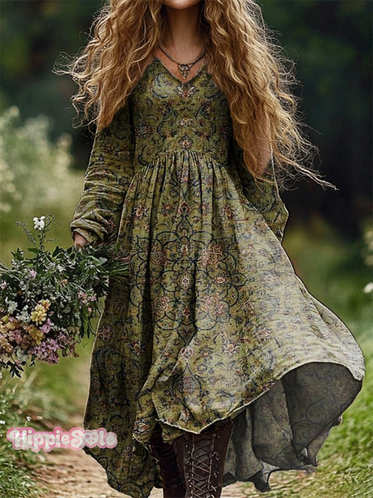 Women's Retro Ethnic Floral Art Pattern Print V Neck Pocket Cotton Dre