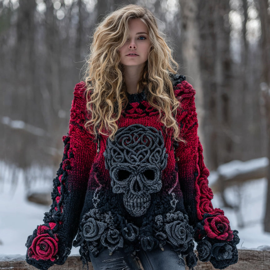 Women's Vintage Rose And Skull Gradient Art Cozy Knit Sweater artswardrobe