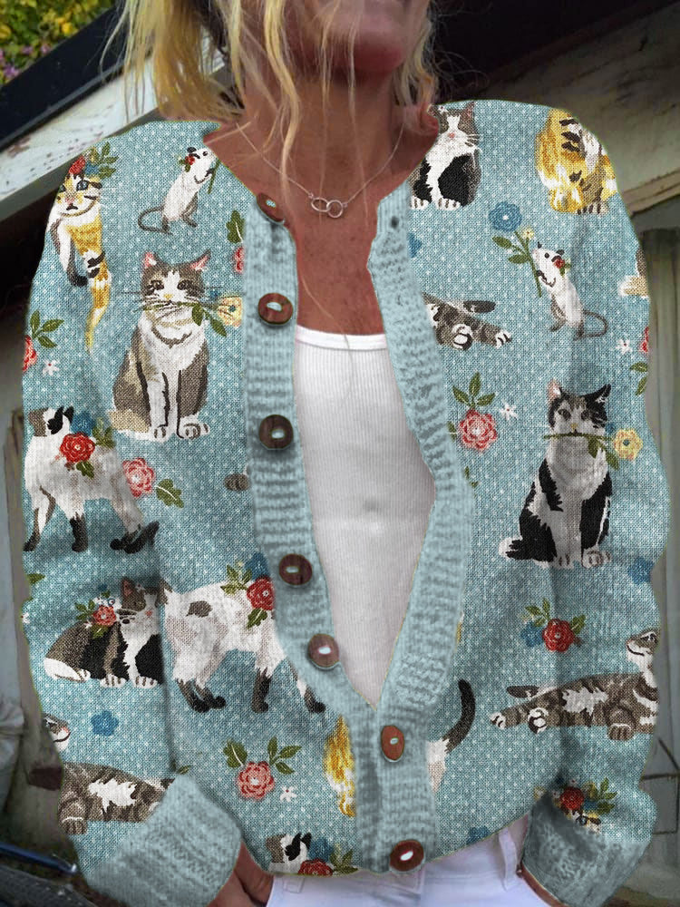 Vintage Polka Dot Cat Floral Women's Soft Sweater Cardigan artswardrobe