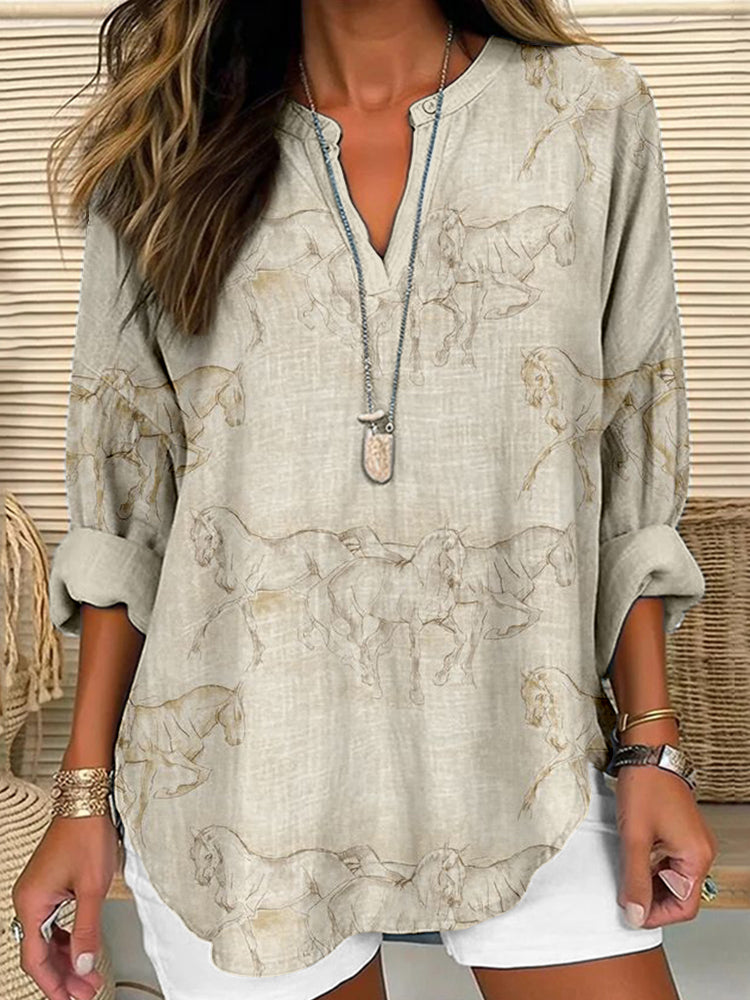 Comstylish Vintage Running Horses Pattern Linen Blend Tunic
