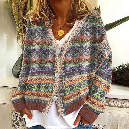 Retro Ethnic Jacquard Contrast Button Cardigan elevenforest