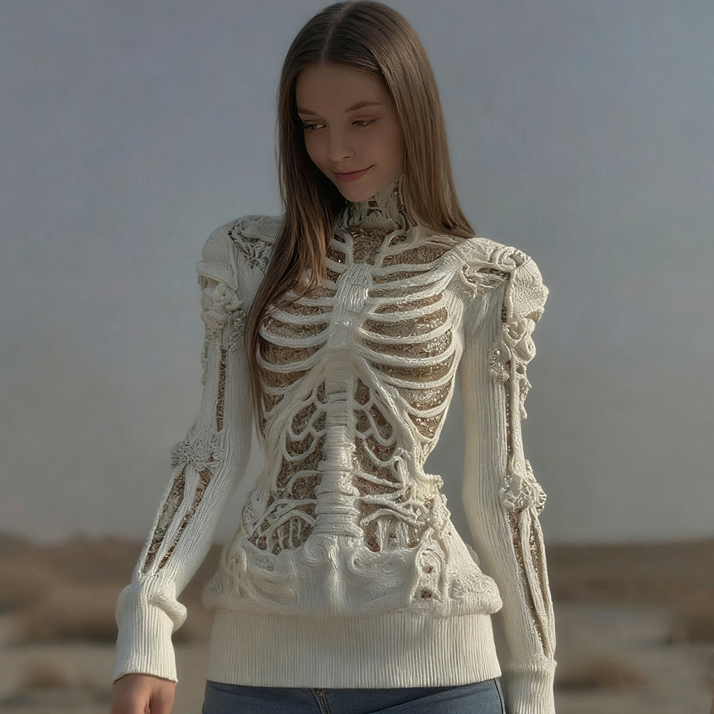 Halloween Skull Sequin Art Knitted Turtleneck Sweater artswardrobe