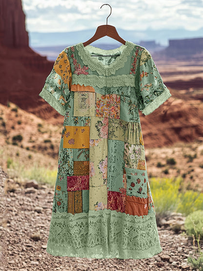 Vintage Floral Patchwork Comfortable Short-sleeved Dress artswardrobe