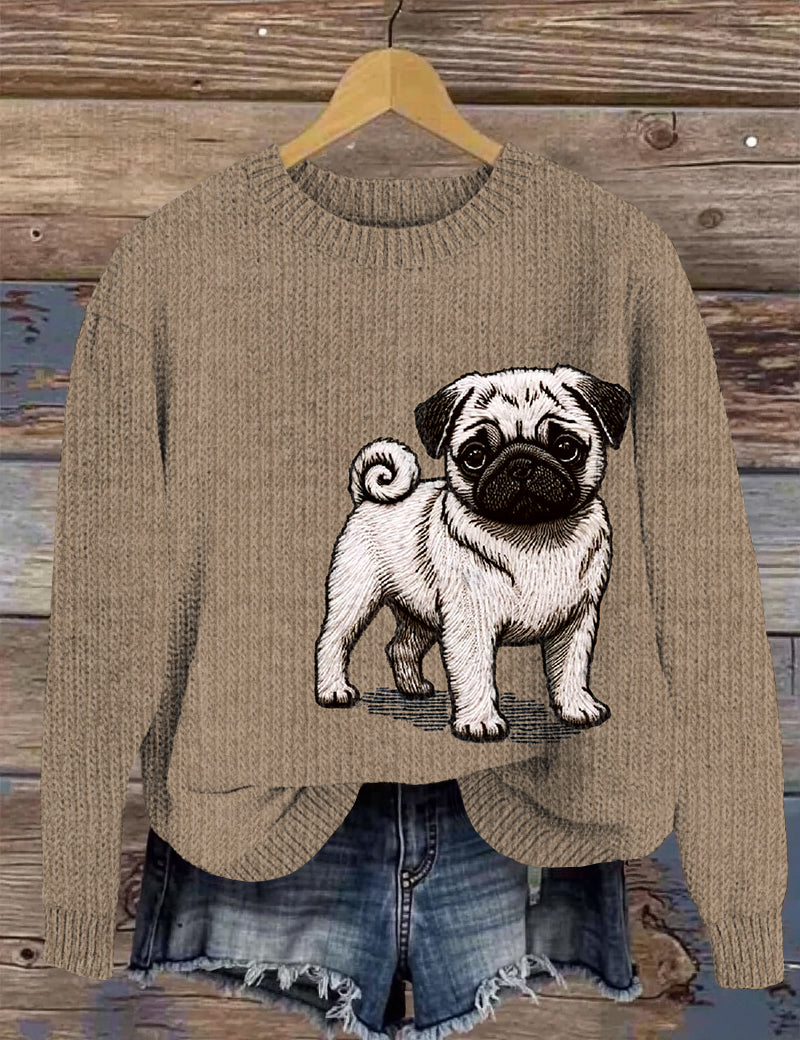 Comstylish Cute Pug Embroidery Art Women's Cozy Sweater