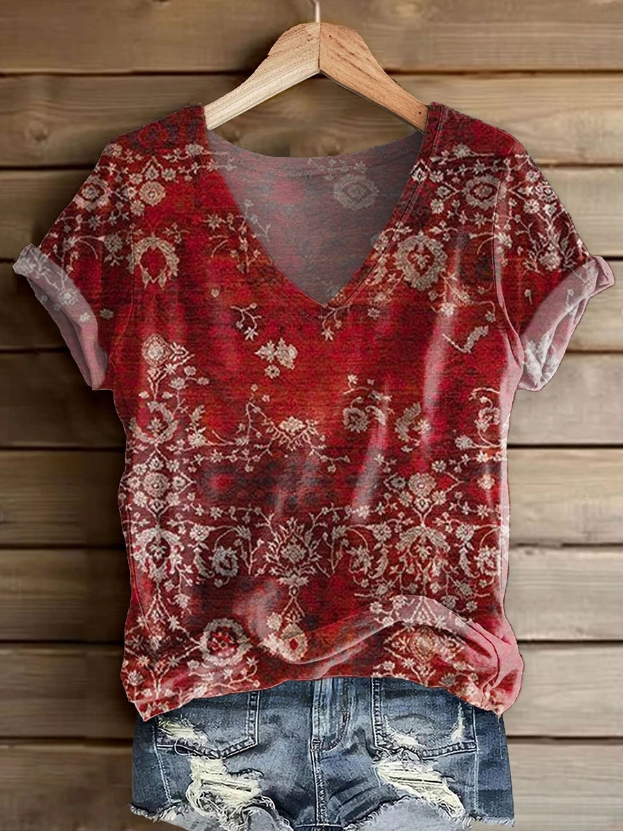 Women's Vintage Ethnic Art Print V-Neck Cotton T-Shirt