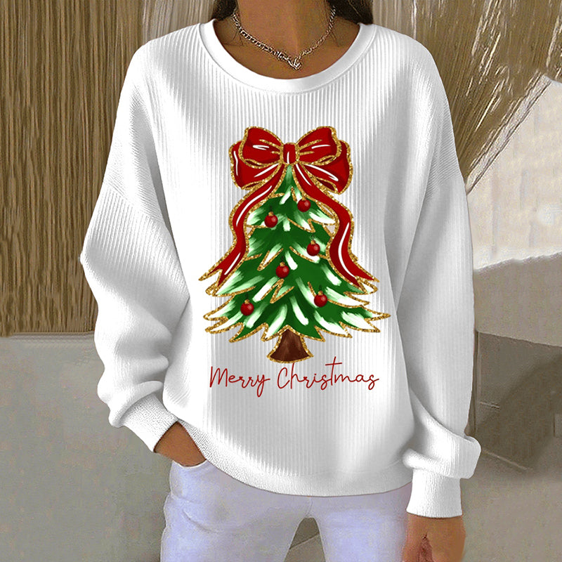 Comstylish Women's Christmas Tree Print Crew Neck Casual Sweatshirt