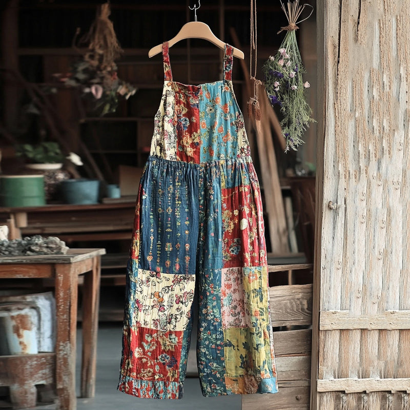 Wildflower Patchwork Print Linen Jumpsuit artswardrobe