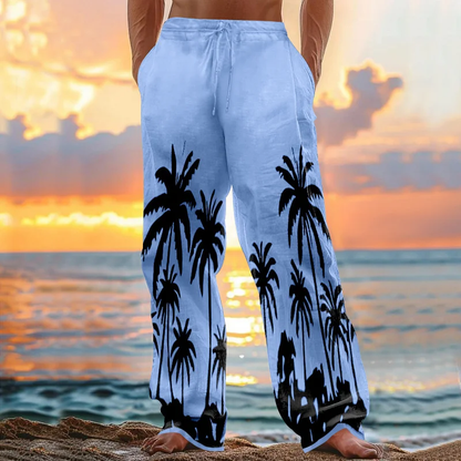 Vintage Hawaii Beach Printed Art Linen Blend Casual Pants artswardrobe