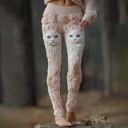 Comstylish Vintage Cute Cat Face With Roses Art Embroidered Cozy Knit Leggings