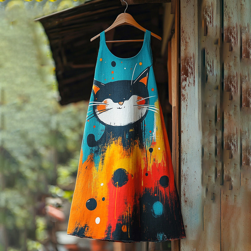 Comstylish Women's Pop Art Oil Painting Cute Cat Cotton Linen Dress