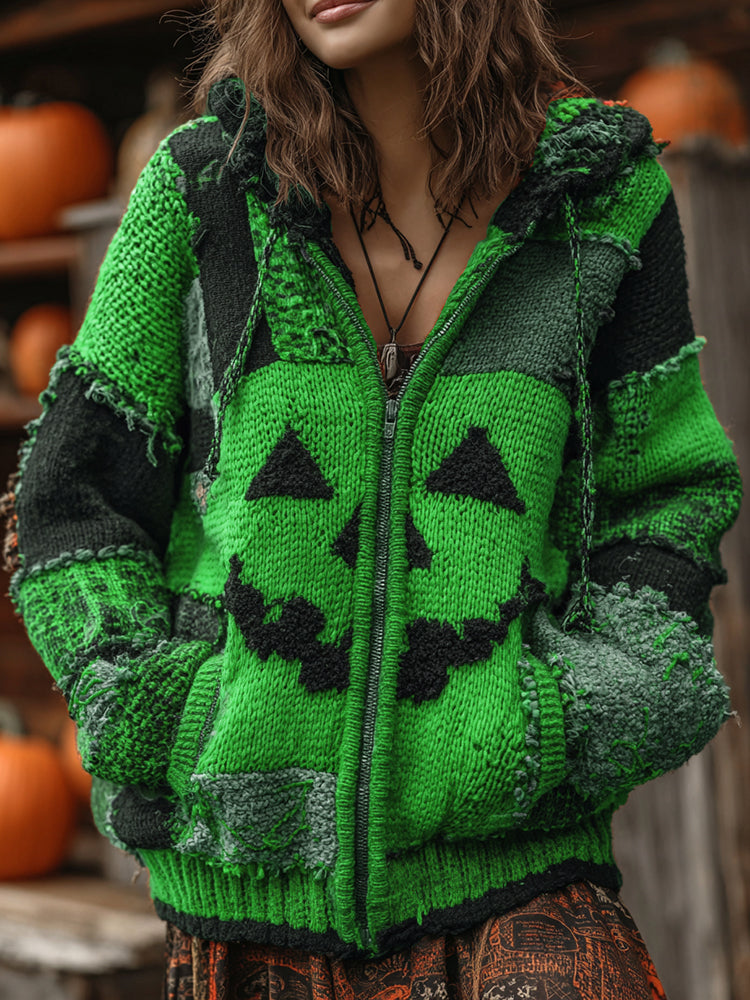 Patchwork Halloween Pumpkin Face Art  Cozy Knit Hooded Cardigan artswardrobe